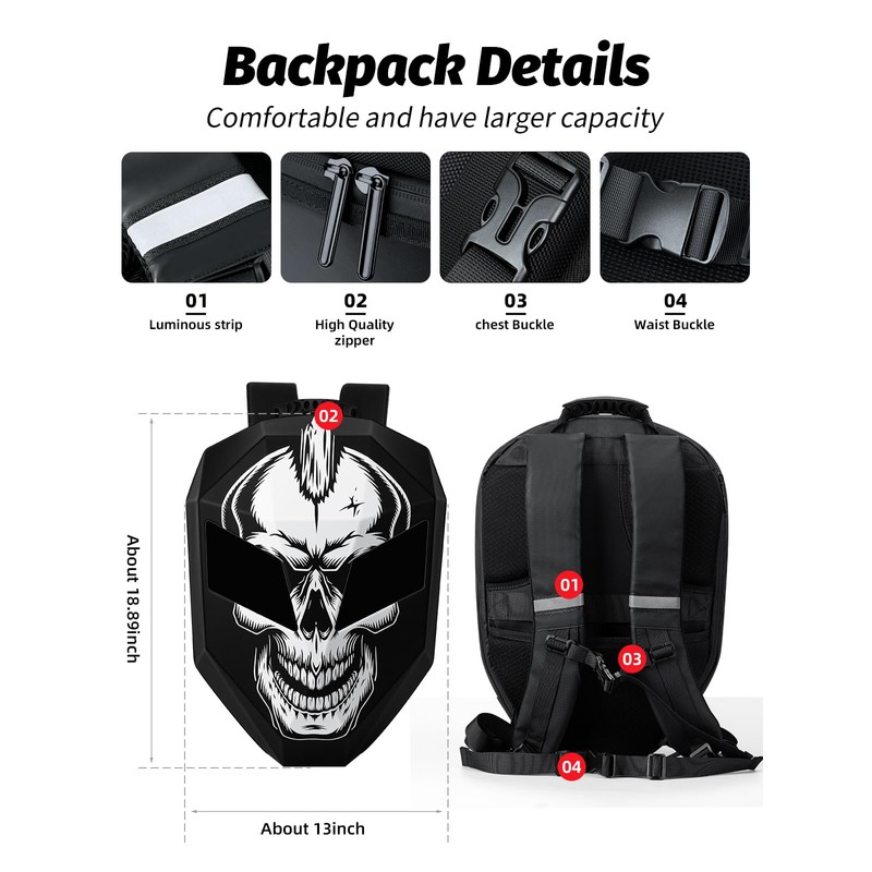 Gelrova Knight Motorcycle Backpack with LED Eyes, App Control Waterproof