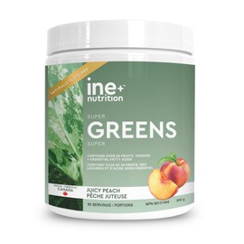 ine+ Super Greens Juicy Peach, 50+ servings of fruits and vegetables per scoop + essential fatty acids for maximum absorption, Superfoods, Antioxidants, Cruciferous Vegetables and Phytonutrients, Immediate energy, Mental Clarity, Gut Health and improved 