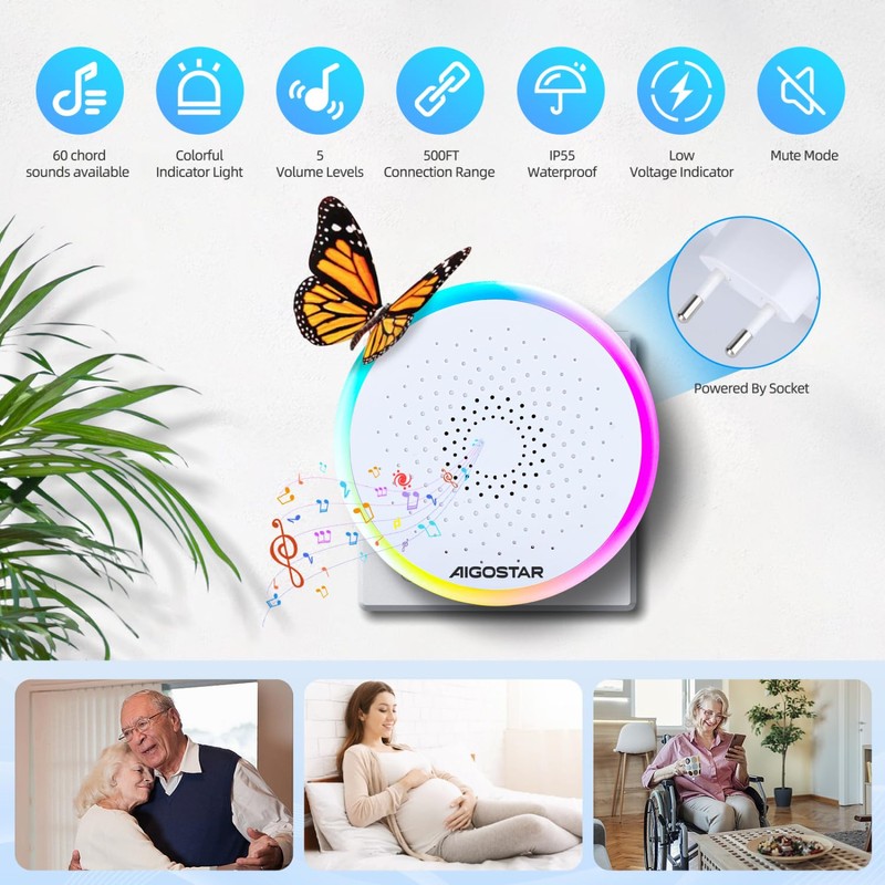 Aigostar Wireless Bell with RGB Light, IP55 Waterproof Outdoor Door