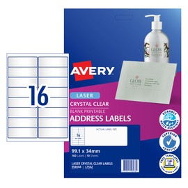 Avery Crystal Clear A4 Address Labels for Laser Printers - Printable Packaging & Shipping Labels - Transparent Mailing Stickers - 99.1 x 34 mm, 160 Labels / 10 Sheets (958068 / L7562)