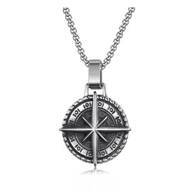 Zysta Men's Necklace with Compass Pendant Eight-Pointed Star Vegvisir Edesltahl Viking Necklace for Men Dad Gift, One size, Stainless Steel, No Gemstone