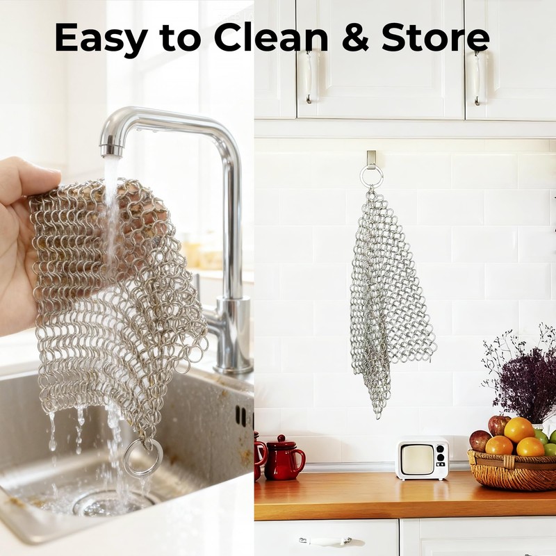 Amagabeli Cast Iron Cleaner 8"x6" 316L Stainless Steel Chainmail Scrubber