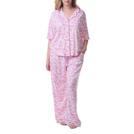 Karen Neuburger Women's Plus Size Girlfriend Notch Collar Elbow Length Sleeve Top and Pant Bottom Pajama Set, Rose Bloom