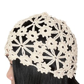 BIBITIME Women Lace Crochet Beanie Hat Handmade Knitted Cutout Floral Skull Cap (as1, Alpha, l, Standard, Beige)