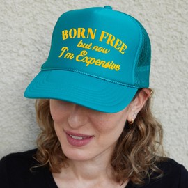 NACRE APPAREL Born Free But Now I'm Expensive Trucker Hat Puff Print Trucker Hat Foam Vinyl Baseball Hat Red/White/Royal -442
