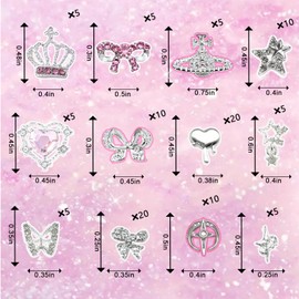 110PCS Silver Nail Charms,Y2K Nail Art Rhinestone Charms 3D Heart Bow Star with Rhinestones,Charms for Nails Design,Accessories Supplies(Silver Pink 1)