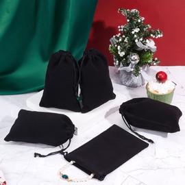 nbeads Pack of 20 Polyester Velvet Bags with Drawstring, 15 x 10 cm Rectangle Necklace Earrings Jewellery Bag Candy Sack Gift Storage Bag for Party Wedding Black