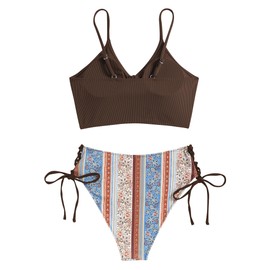 ZAFUL Women V Neck Bikini Set Ruched Tie Front High Waisted Floral Print Ribbed 2 Piece Bathing Suit Swimsuits (Brown Flower, S)