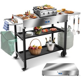 ARC Stainless Steel Grill Cart 3-Tier Outdoor Kitchen Prep Table Cart with Wheel 440lbs Folding Blackstone Griddle Stand for 17" or 22" Griddle,Ninja Woodfire Grill, Pizza Oven Stand 43" W*17" D