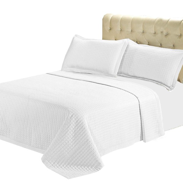 5- Pcs Bed Spread Set- Twin XL - White-Checkered Quilted