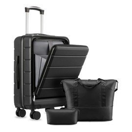 Carry On Luggage with Laptop Compartment, 22x14x9 Airline Approved Front Pocket Hardside Suitcase with Spinner Wheels, TSA Lock, Includes Tote Bag（Black）