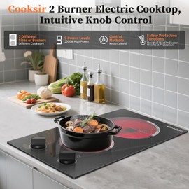 Cooksir 2 Burner Electric Cooktop - 110v Countertop and Built-in Electric Stove 2000W, 12 Inch Ceramic Stove with Residual Heat Indicator, Over-Temperature Protection, Knob Control, 110-120V Plug in