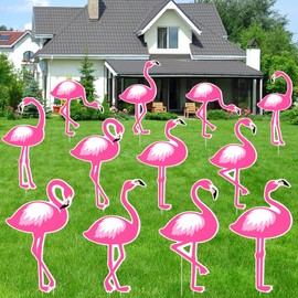 Amyhill 12 Pack Flamingo Yard Signs with Stakes Pink Flamingo Stakes Lawn Decor Tropical Sign Large Waterproof Yard Party Supplies for Christmas Summer Sidewalks Photo Props(Classic)