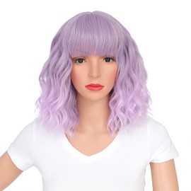 SWACC 12 Inch Short Curly Wavy Bob Wig with Bangs Synthetic Hair Wig for Women with Wig Cap (Lavender Purple Ombre)