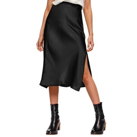 Amy Babe Womens Satin Silk High Waist Slit Midi Skirt Elastic Waistband Midi Skirts for Women Black