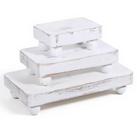 3 Pcs Wooden Risers for Decor, Tiered Wood Pedestal Stands with Legs White Mini Stackable Kitchen Stand Tray Holder for Home, Bathroom, Office Decor