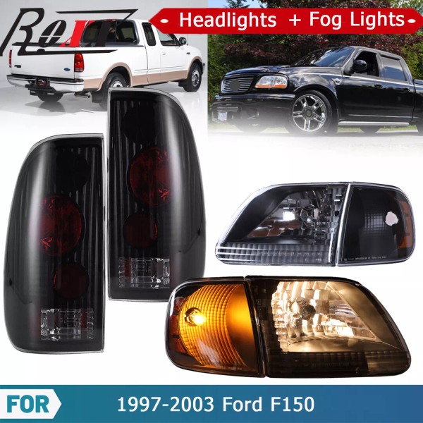 Unbranded For 1997-2003 Ford F150 Expedition Black Headlights+Smoke Tail Lights