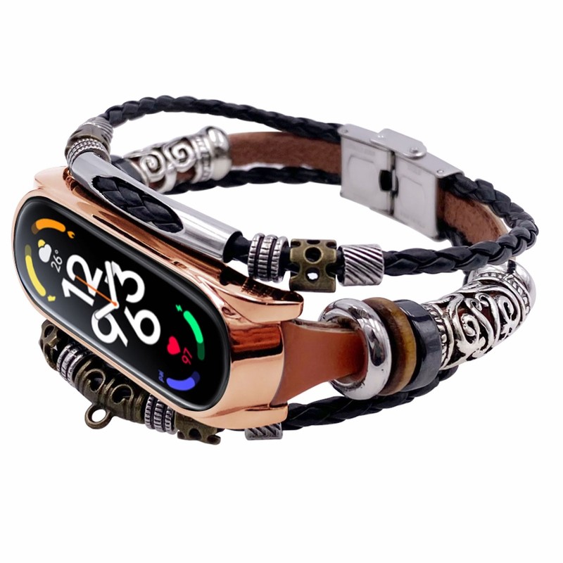 for Xiaomi Mi Band 7 Leather Strap Metal Snap Retro