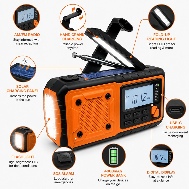 4000mAh Emergency Weather Radio with Hand Crank and Solar Charging