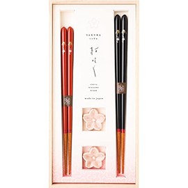 Hashikura Matsukan S-12191 Chopsticks Dishwasher-Safe for Husband and Wife Chopsticks, Natural Wood, Pair Set, 9.1 inches (23 cm), 8.5 inches (21.5 cm), Chopsticks Rest Included, Sakura Sakura, Fuji,