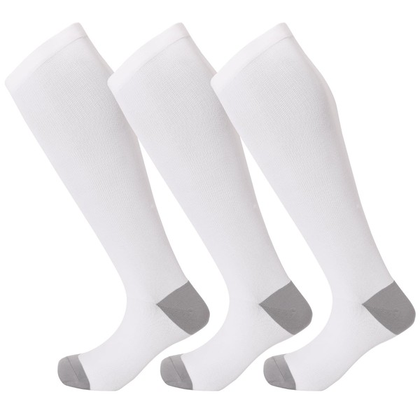 AISOME - Calcetines de compresión de talla grande para mujer, hasta la rodilla de 20 a 30 mmHg para enfermeras, médicos, viajes embarazadas, 3 pares, 3 pares - Blanco, XX-Large