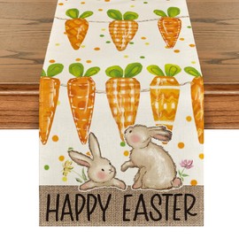 Artoid Mode Carrot Bunny Rabbit Happy Easter Table Runner,Seasonal Spring Flowers Kitchen Dining Table Runner for Home Party Decor 13x48 Inch
