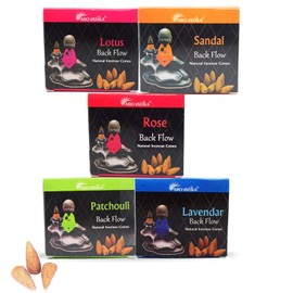 ARO VATIKA Backflow Natural Masala Pack 'B' Incense 50 Cones | 5 Assorted Fragrances of Patchouli, Sandal, Lavender, Rose, Lotus | Best for Prayer, Meditation & Home Fragrance | Burn time- 16-18 mins