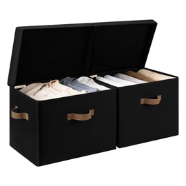 StorageWorks Fabric Storage Bins with Lid, Decorative Storage Boxes for Shelves, Stackable Closet Organizer Basket with Handles, Jumbo, Black, 2-Pack