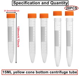 Centrifuge Tubes, Pack of 20, 15 ml Cone, Test Tubes, Plastic Centrifuge Tubes, Orange with Screw Cap, Graduated Sample Container, Sample Tubes for Laboratory, Chemistry, Experiments
