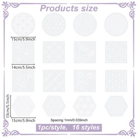 ORIGACH 16 Pcs Sashiko Stencils 5.5 x 5.5 Inch Plastic Embroidery Templates with Traditional Japanese Patterns for Drawing Lines Geometric Pattern Stencils for Hand Quilting and Embroidery
