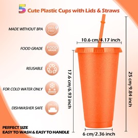 xocome 5 PCS Plastic Cups with Lids & Straws, 24OZ Reusable Colourful Glitter Cups Cold Cups Set Travel Cups for Cold Drinks Iced Coffee Cups for Parties
