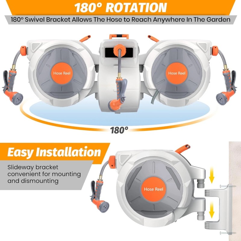 Retractable Garden Hose Reel 1/2" x 130Ft 9 Function Sprayer