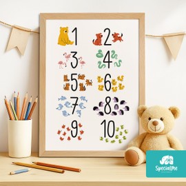 SpecialMe® Kinder-Poster Einschulung personalisiert mit Name | ABC Zahlen Buchstaben Lernen | Bilder Kinderzimmer mit lustigen Tieren Weiss