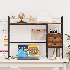 Unionly Desk Shelf,Desktop Organizer Shelf for Computer Monitor, 3 Tier Display Rack and 2 Fabric Drawers, Wood Desktop Bookshelf Storage Rack for Home Office,Dorm, Rustic Brown