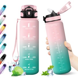 KollyKolla Trinkflasche 1 Liter, Große Trinkflasche Sport mit Strohhalm, Wasserflasche Auslaufsicher, Trinkflasche Kohlensäure Geeignet, Trinkflasche mit Zeitmarkierungen, flasche für Erwachsener