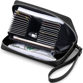 JEEBURYEE Women's Genuine Leather Credit Card Holder Wallet RFID Blocking Large Capacity Long Zip Around Clutch Purse with Wrist Strap Black