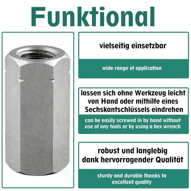 Hexagonal sleeves with internal thread, stainless steel A2 / V2A,