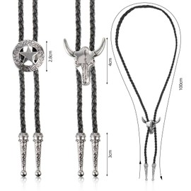KAIOWPEIC 2 Pcs Fashion Bolo Tie, Handmade Cowboy Leather Necktie, Western Cowboy Vintage Bolo tie, Rodeo Theme Ranger Star & Cow Skull Tie Necktie for Men Women Costume