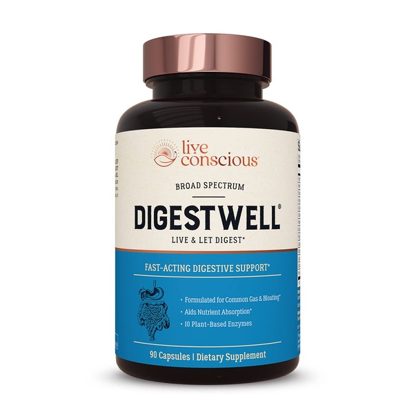 Live Conscious DigestWell Immediate Support - Fast-Acting Digestive Support | Broad Spectrum Enzyme, Probiotic & Herbal Formula - Decreases Everyday Gas & Bloating - 90 Capsules
