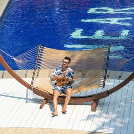 Lazy Daze Hammocks 10.5 FT Double 2 Person Caribbean Rope Hammock, Hand Woven Polyester Hammock with Spreader Bars, for Outside Outdoor Backyard Patio Poolside, 450 LBS Capacity, Tan