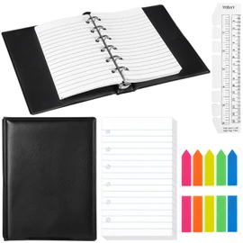 Feifeiya Mini 6 Ring Binder and 3 x 5 Inch Refill Paper Set,1 Black Refillable Binder,100 Lined Loose Leaf Paper, 1 Translucent Bookmark Ruler, 200 of Colorful Index Sticky Tabs for Office