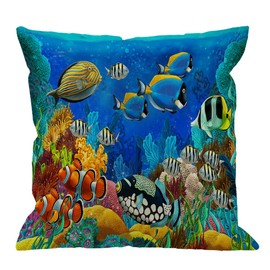 HGOD DESIGNS Ocean Pillow Case by Colorful Fishes Seaworld Cotton Linen Square Cushion Cover Standard Pillowcase for Men Women Home Decorative Sofa Armchair Bedroom Livingroom 18 x 18 inch