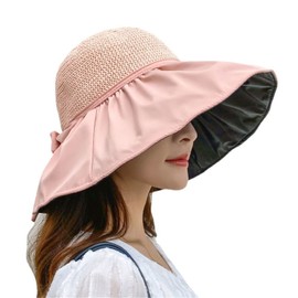 Lhyxuuuk Women's Hat, Sun Protection, UV Protection, Wide Brim, Heat Shielding Coating, Chin Strap, Straw Hat, Foldable, Portable, Convenient, Actress Hat, Ribbon, Cute, Outdoors, Sea, Walks, Travels,