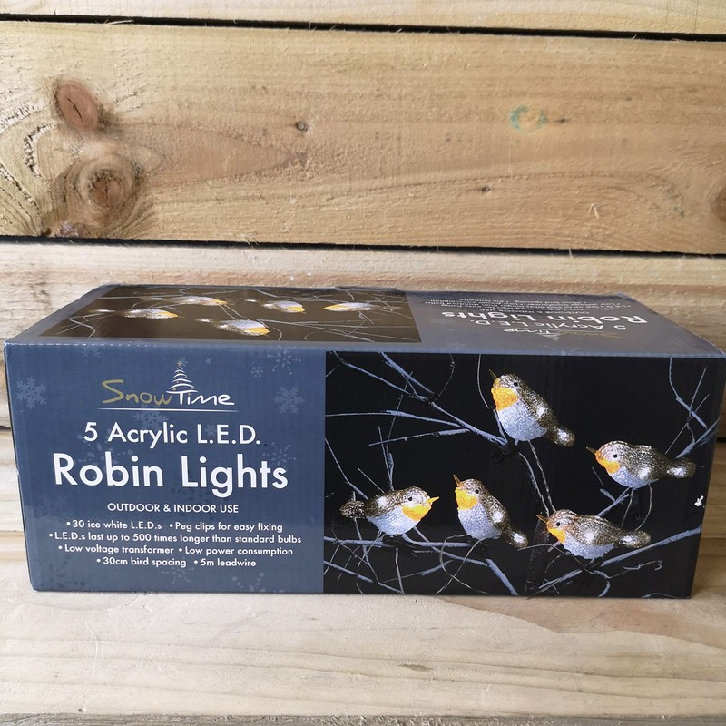 Snowtime 5 Acrylic Robin Lights With Ice White Christmas LEDS