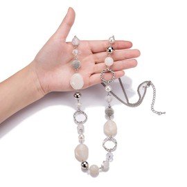 Women's Long Pearl Necklace, Statement Boho Silver Metal Necklace, Wedding Anniversary Fashion Jewellery, Gifts, Jumper, Necklace for Women, Resin Glass Pearl,