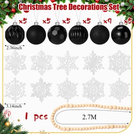 Aoriher 45 Pcs Christmas Ornament Set, 34Pcs Christmas Ball Hanging Christmas Tree White Black Ball with Wooden Garland Snowflake for Big Christmas Tree Holiday Wedding Party Decoration(Black)