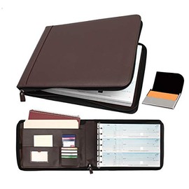 2Fold Zippered Business Check Binder 7 Ring for 3-Up Business Size Checks with Extra Business Card Case - PU Leather Deluxe 7 Ring Checkbook Binder Portfolio with 600 Check Capacity and Storage