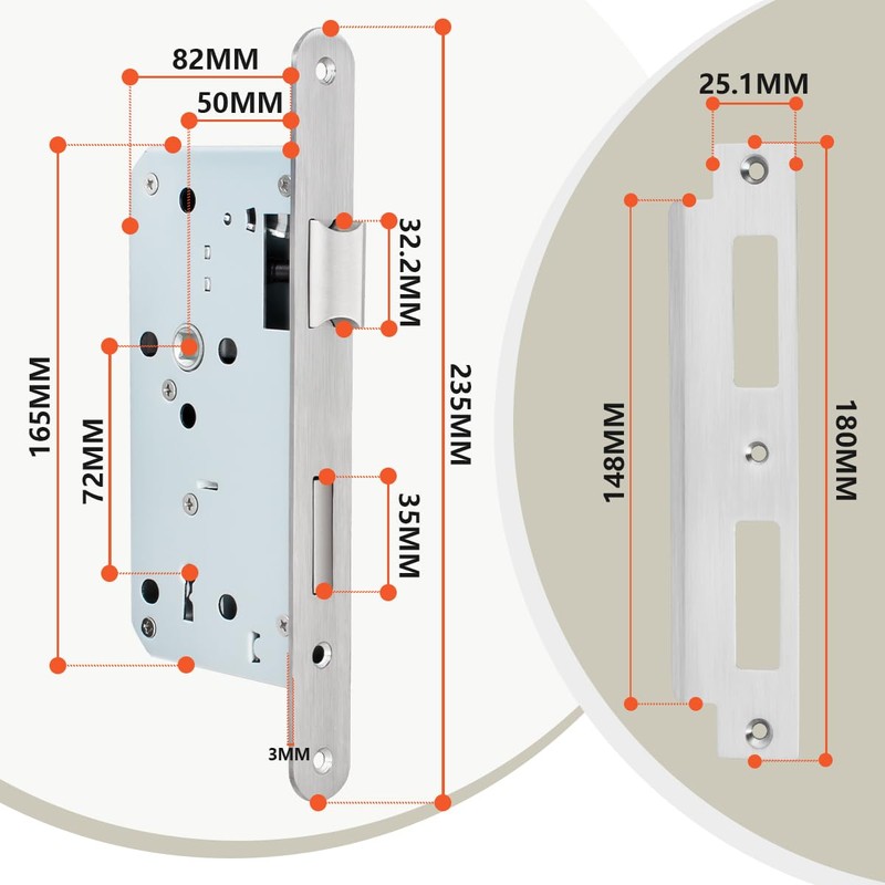 Bwintech 1 Piece Satin Nickel 7250 Mortice Lock with Two