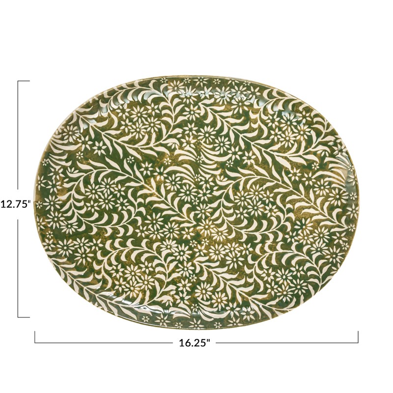 Creative Co-Op Stoneware Platter with Wax Relief Botanicals, Green