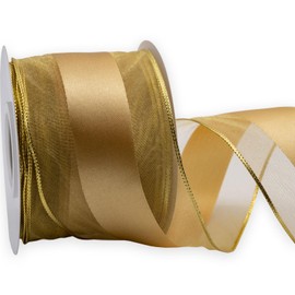 XMRIBBON Wire Edged Ribbon Golden Sheer Edge Satin Ribbon, 2 1/2" x 10 Meters,for Gift Wrapping, Tree Topper, Garland, Christmas Wreath